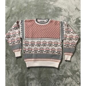 Bramble Lane Women's Size M Acrylic Floral Pattern Sweater‎ Pink Gray White